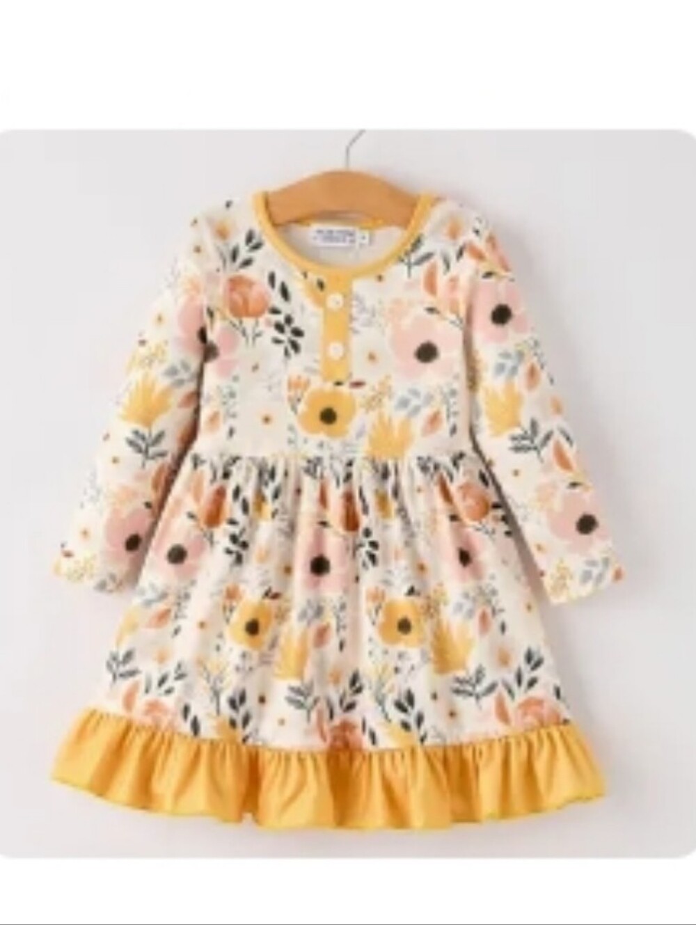 Girls Floral Ruffle Hem Dress - Mustard Accent